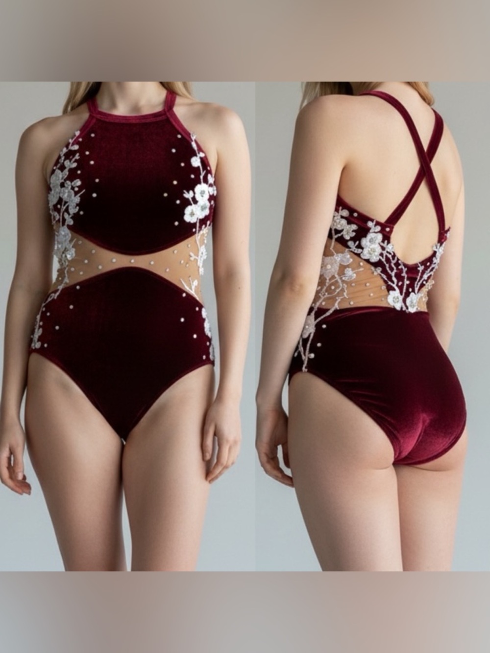 Red burgundy velvet custom solo rhinestoned Dance Costume Leotard 
Illusion MC